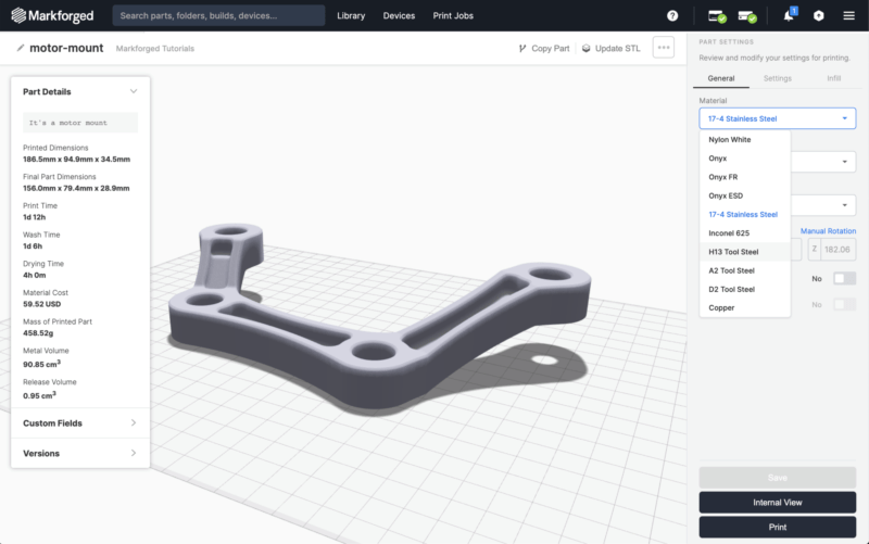 Materialauswahl für 3D-Drucksoftware